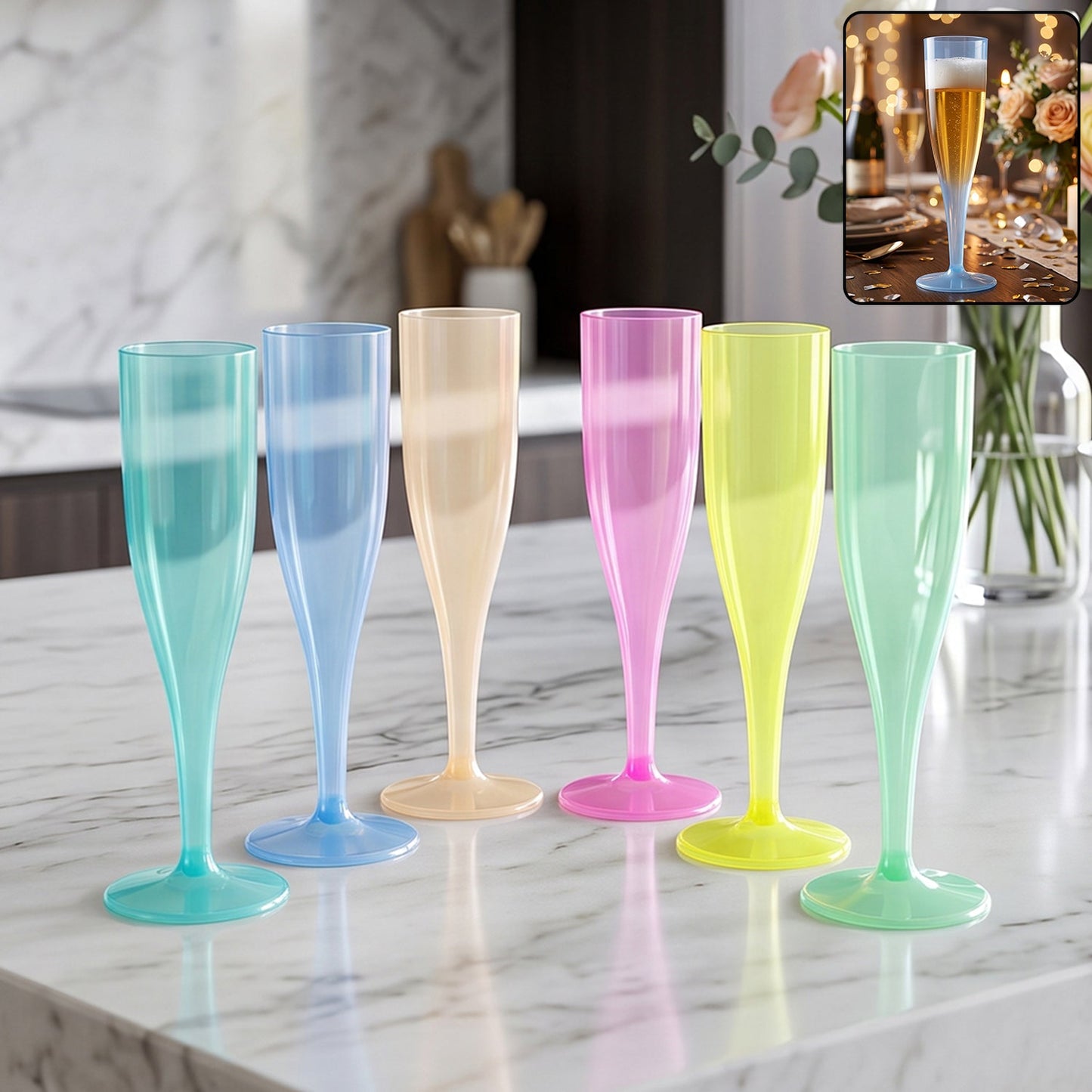 Six colorful plastic champagne flutes in blue, yellow, pink, green, and orange on a marble countertop.