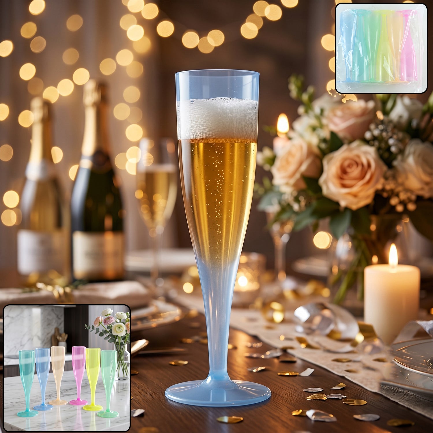 A blue plastic champagne flute filled with beer on a festive table with insets showing the full set and packaging.