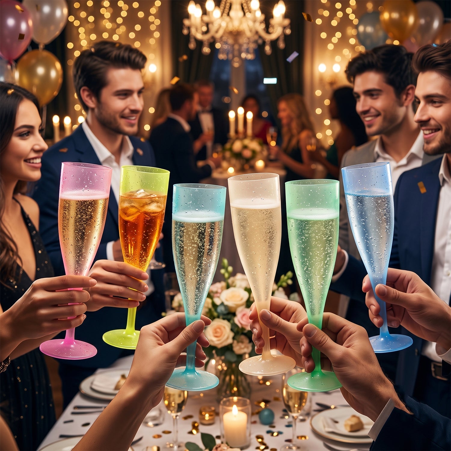 People toasting with colorful plastic champagne flutes filled with bubbly drinks at a lively party.