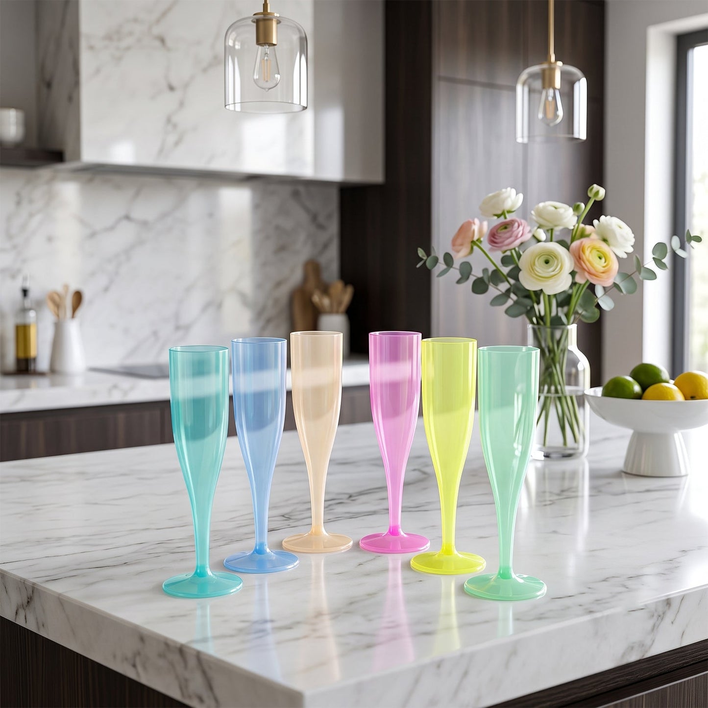 Six colorful plastic champagne flutes on a marble countertop with flowers and lemons in the background.