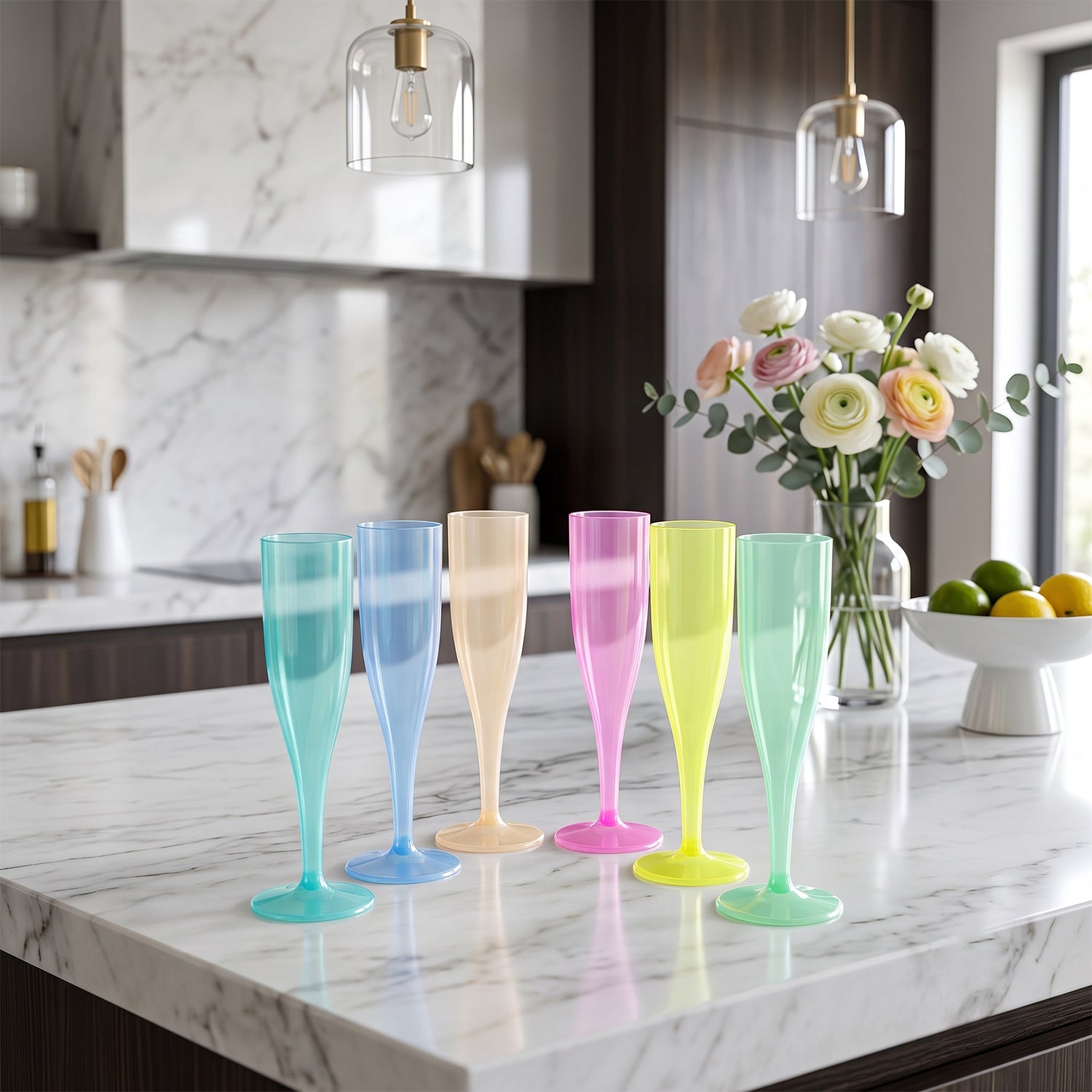 Six colorful plastic champagne flutes on a marble countertop with flowers and lemons in the background.