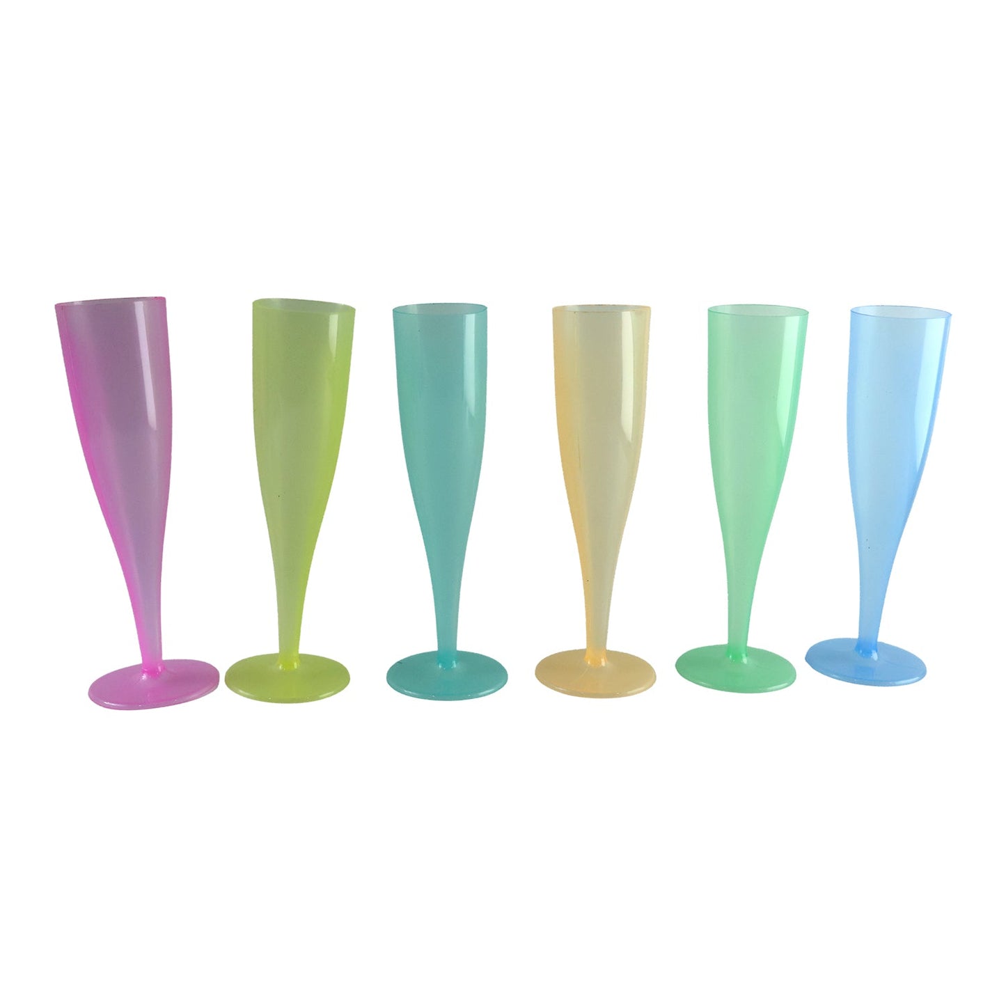 Six colorful plastic champagne flutes in pink, yellow, blue, orange, green, and light blue on a white background.