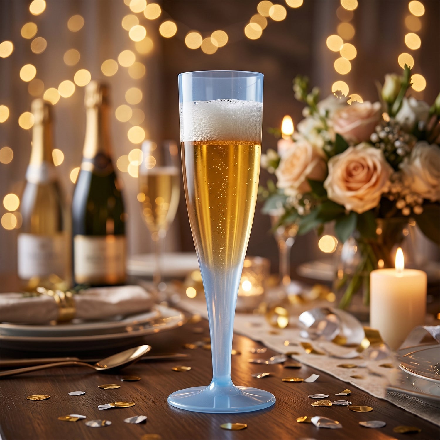 A blue plastic champagne flute filled with beer on a festive table with blurred lights and flowers.