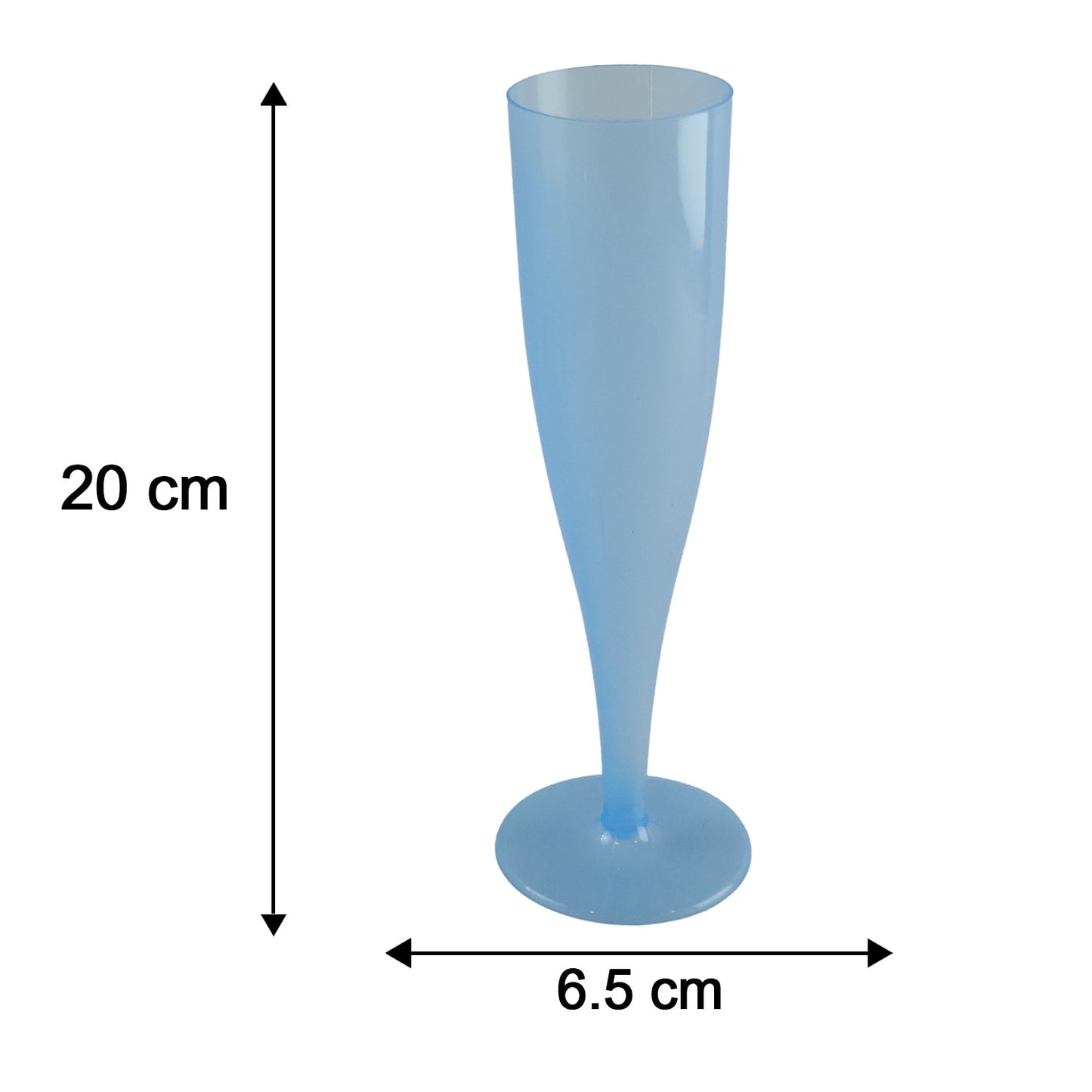 A light blue plastic champagne flute with measurements of 20 cm height and 6.5 cm width.