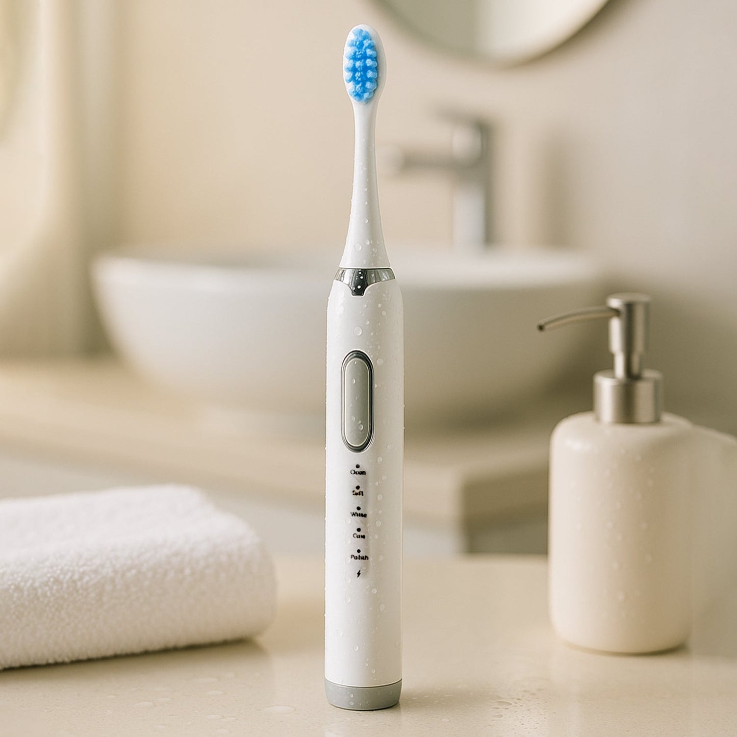 Close-up of smart electric toothbrush sonic cleaner with mode indicators
