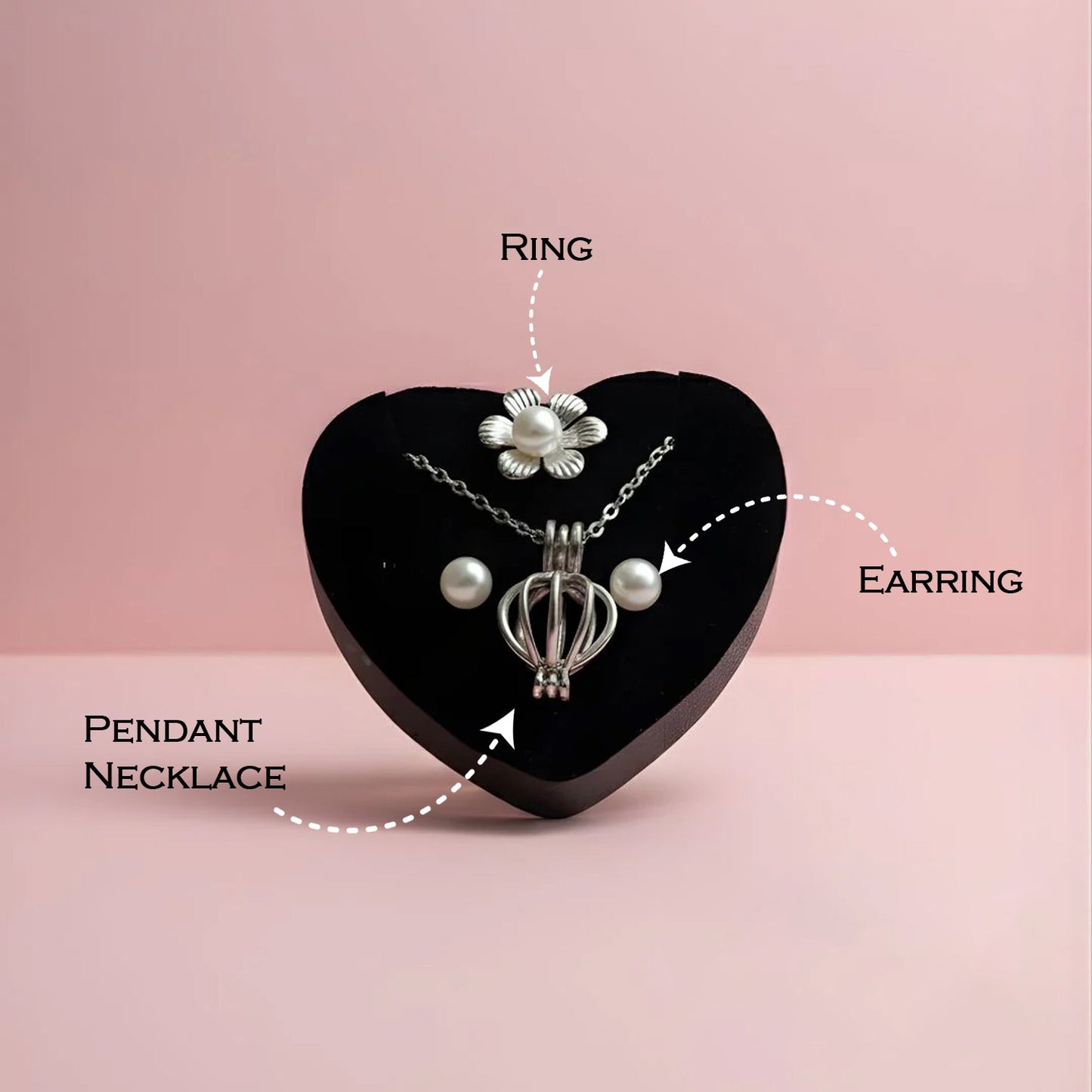 Close-up view of pearl necklace pendant in gift set