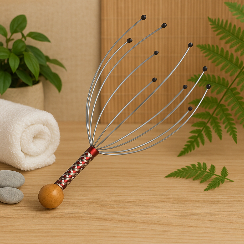 A metal scalp massager with a red and white handle rests on a wooden surface with a white towel and green plant.