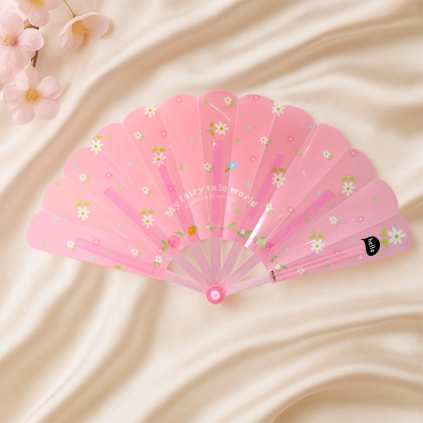 An open pink fan with white flowers and the text