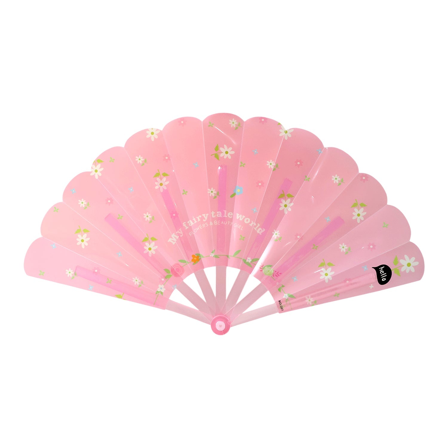 A fully open pink fan with white flowers and text against a plain white background.