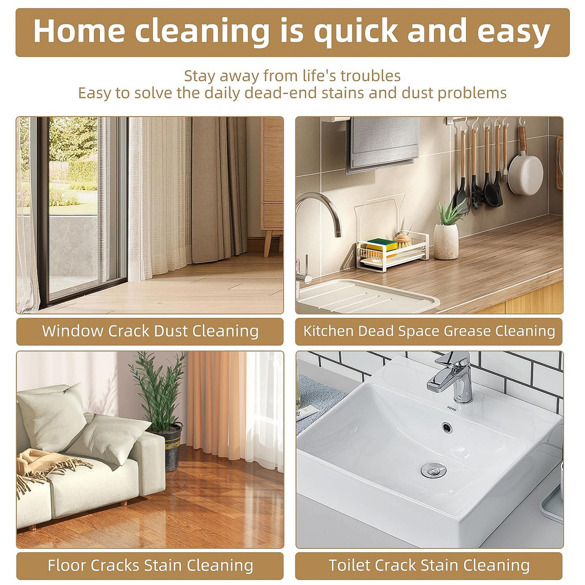 A four-panel image showing the brush's use for cleaning window cracks, kitchen grease, floor stains, and toilet cracks.