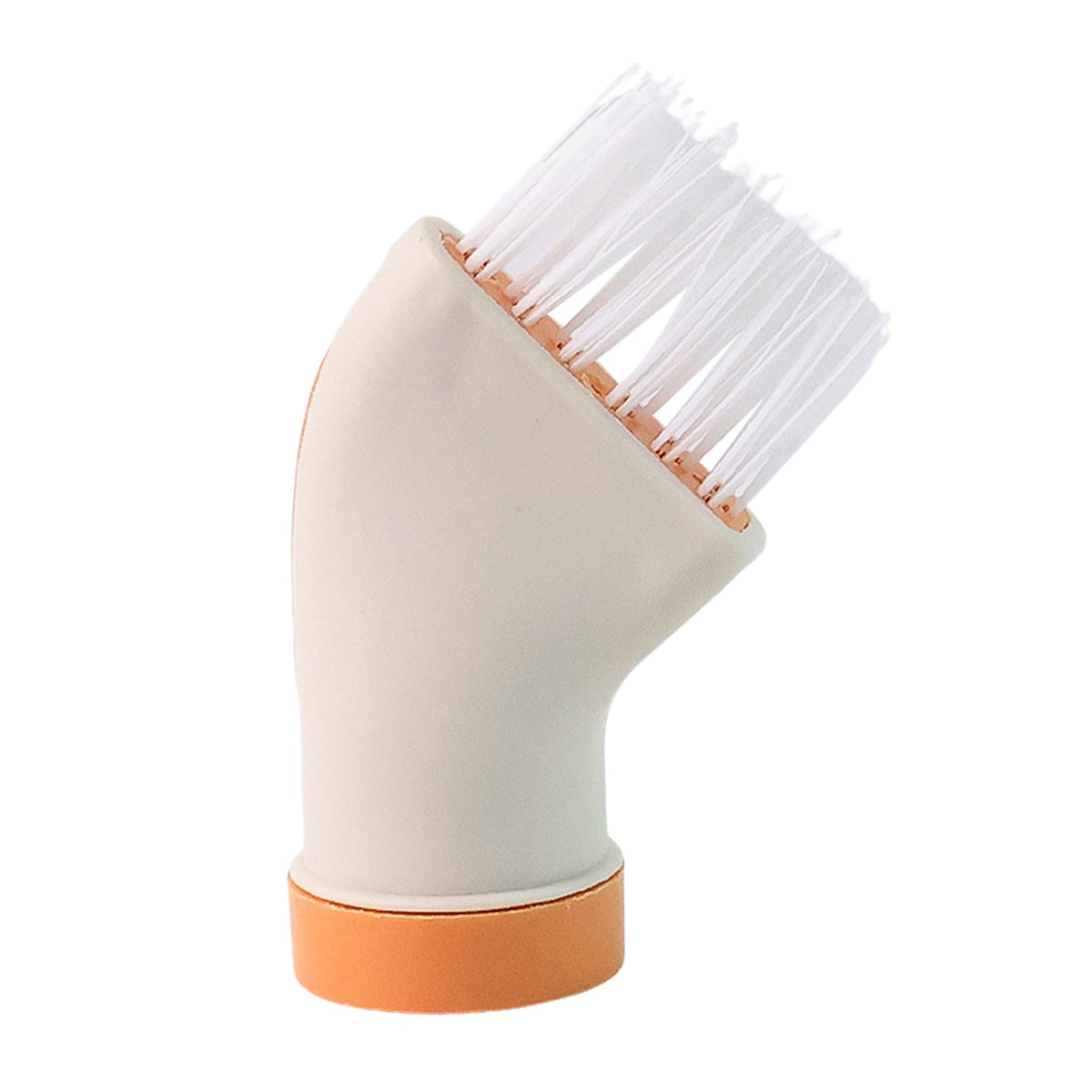 A cream and orange bottle-attachable cleaning brush with white bristles on a white background.