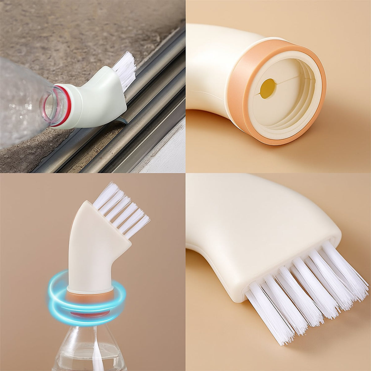 A four-panel image showing the brush cleaning a crevice, a close-up of the attachment's underside, and two views of the