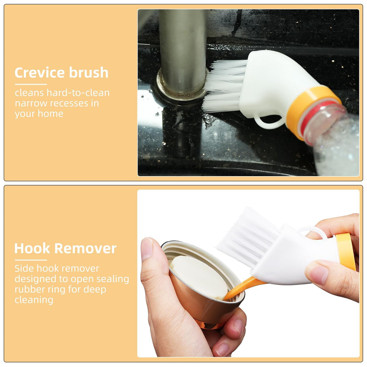 A two-panel image showing the brush cleaning a faucet crevice and a hand using the brush to open a sealing ring.