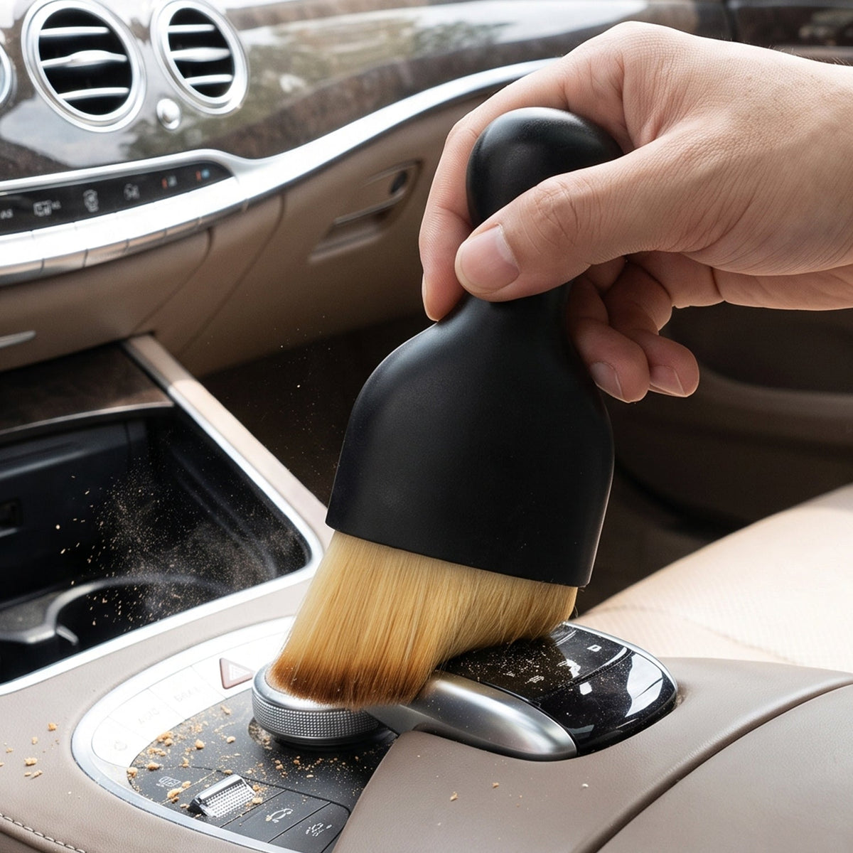 A hand holding a black brush with light brown bristles, cleaning crumbs from a car's center console.