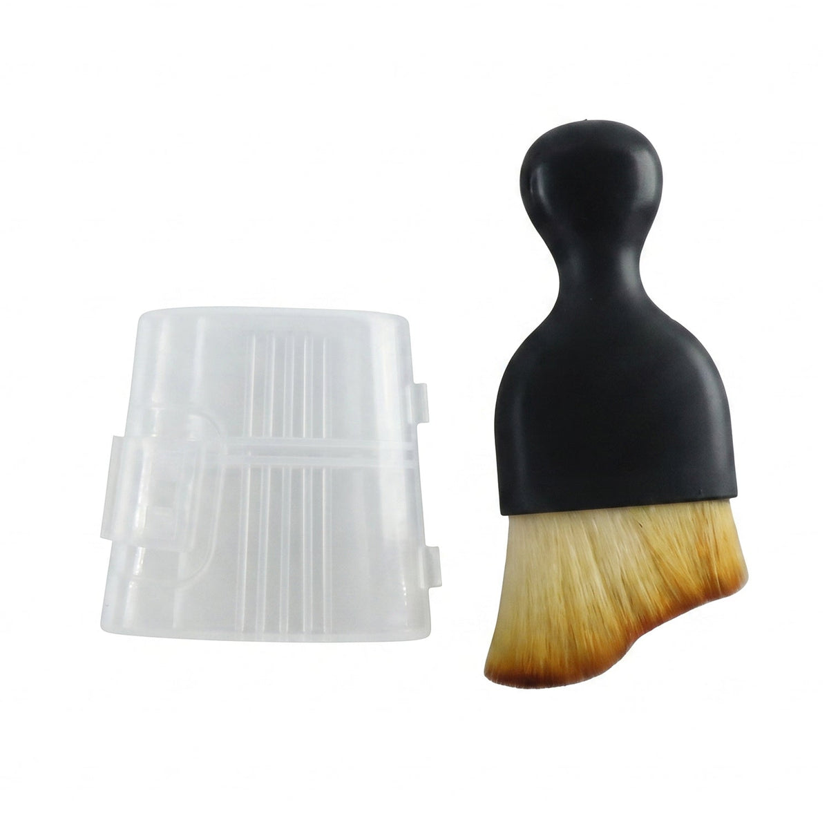 A black-handled brush with light brown, angled bristles next to a clear plastic protective cover on a white background.