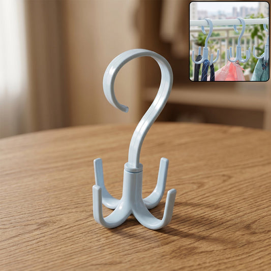 A light blue plastic rotating multi-hook hanger sits on a wooden table, with an inset showing it hanging with ties.