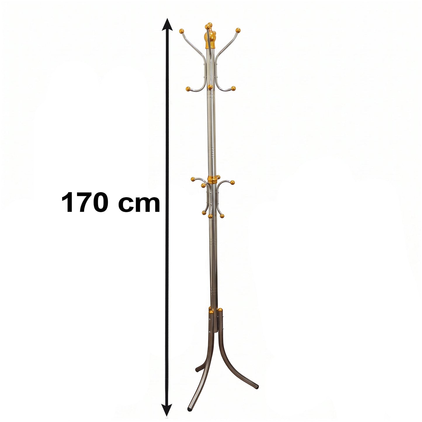 A silver-colored metal clothes hanger stand with gold accents and multiple hooks is shown against a white background with a