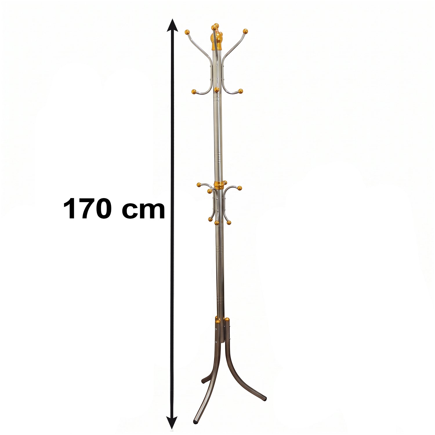 A silver-colored metal clothes hanger stand with gold accents and multiple hooks is shown against a white background with a