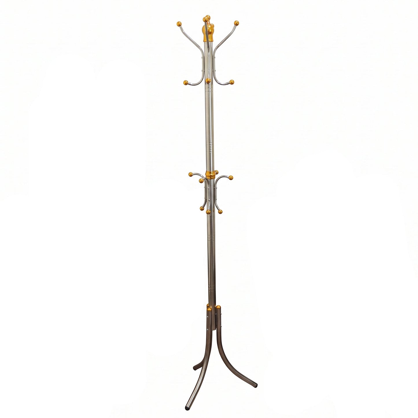 A standalone silver-colored metal clothes hanger stand with gold accents and multiple hooks is centered against a plain