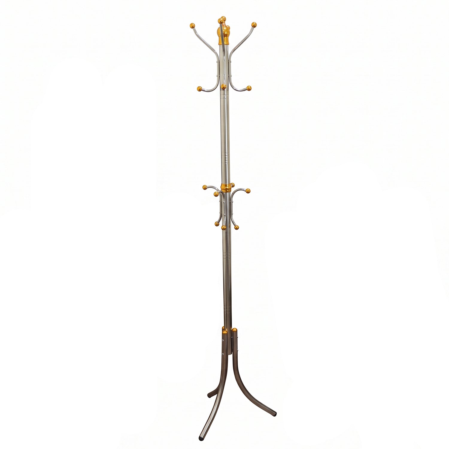 A standalone silver-colored metal clothes hanger stand with gold accents and multiple hooks is centered against a plain