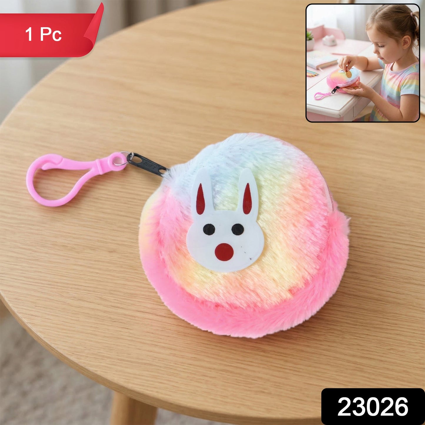 Rainbow fur keychain purse with bunny face