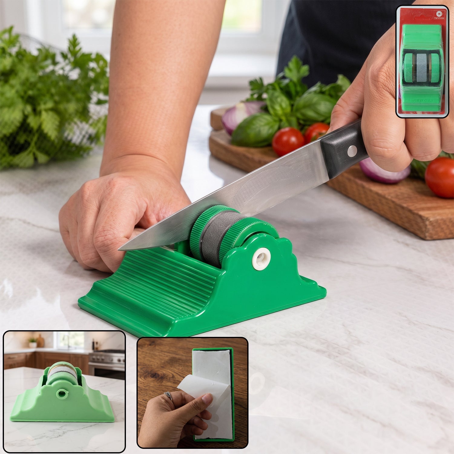 A person sharpens a knife on a green compact sharpener, with an inset showing its adhesive base and top view