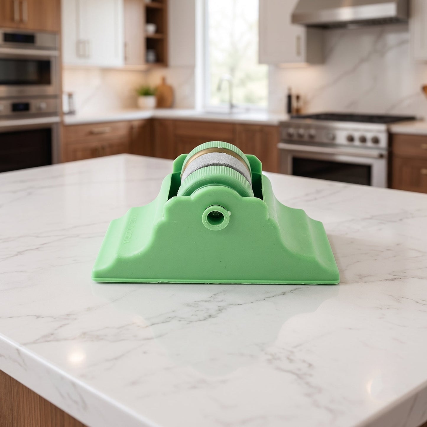 A green compact knife sharpener sits on a white marble kitchen counter, with a modern kitchen in the background.