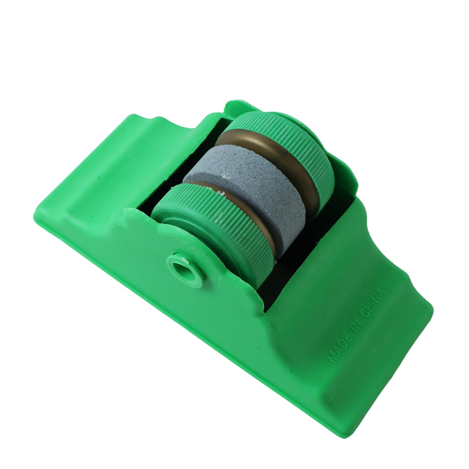 A top-down view of the green compact knife sharpener with two grey sharpening rollers and green caps.