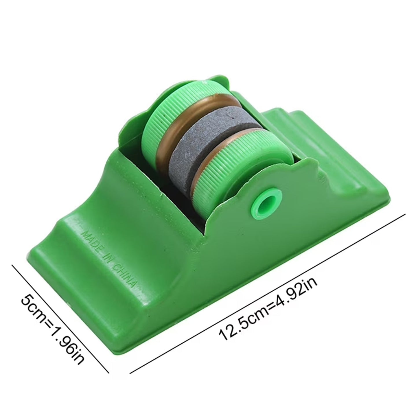 A green compact knife sharpener with two grey rollers, showing dimensions of 5cm and 12.5cm.