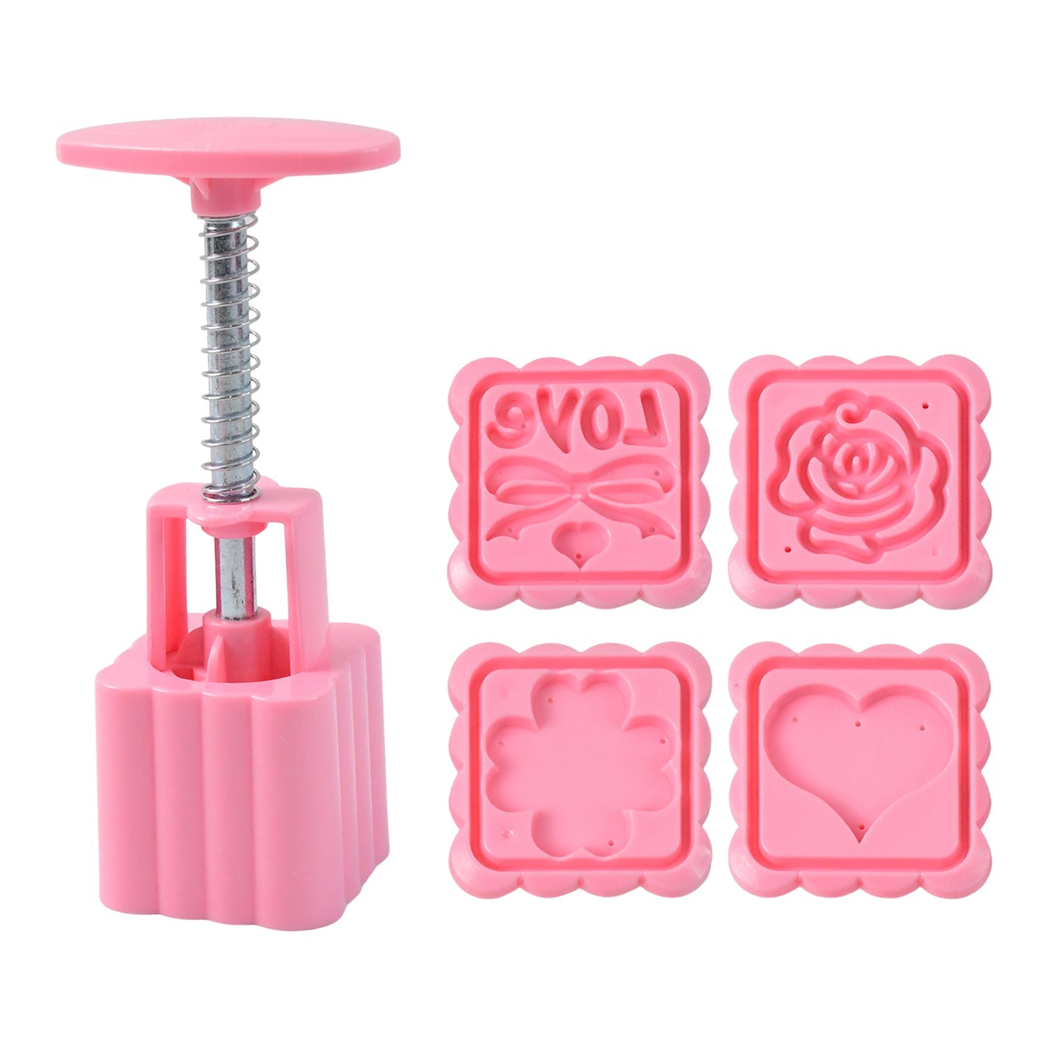 Four decorative biscuit stamp molds arranged next to press handle