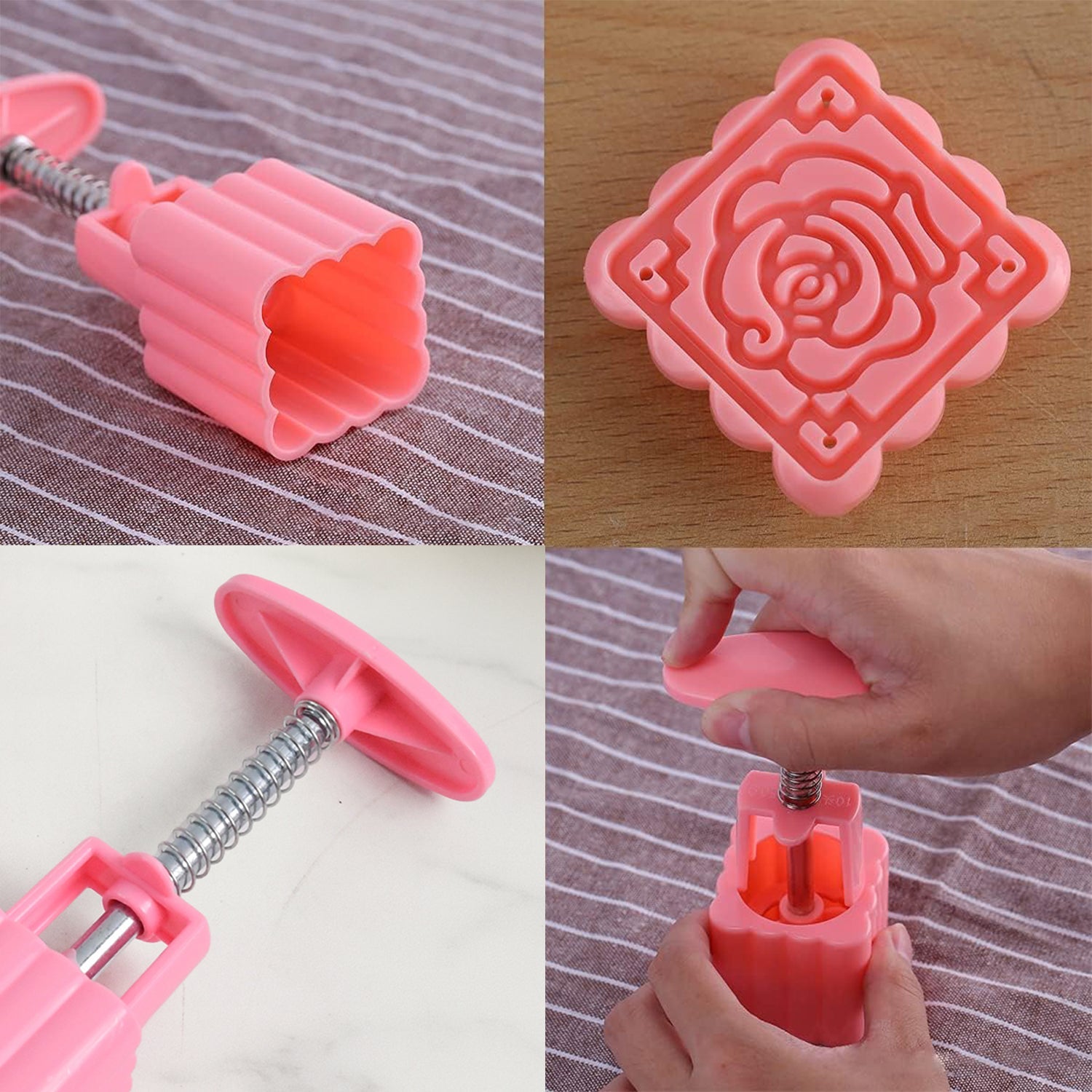 Cookie biscuit press mold set with spring-loaded handle for easy stamping