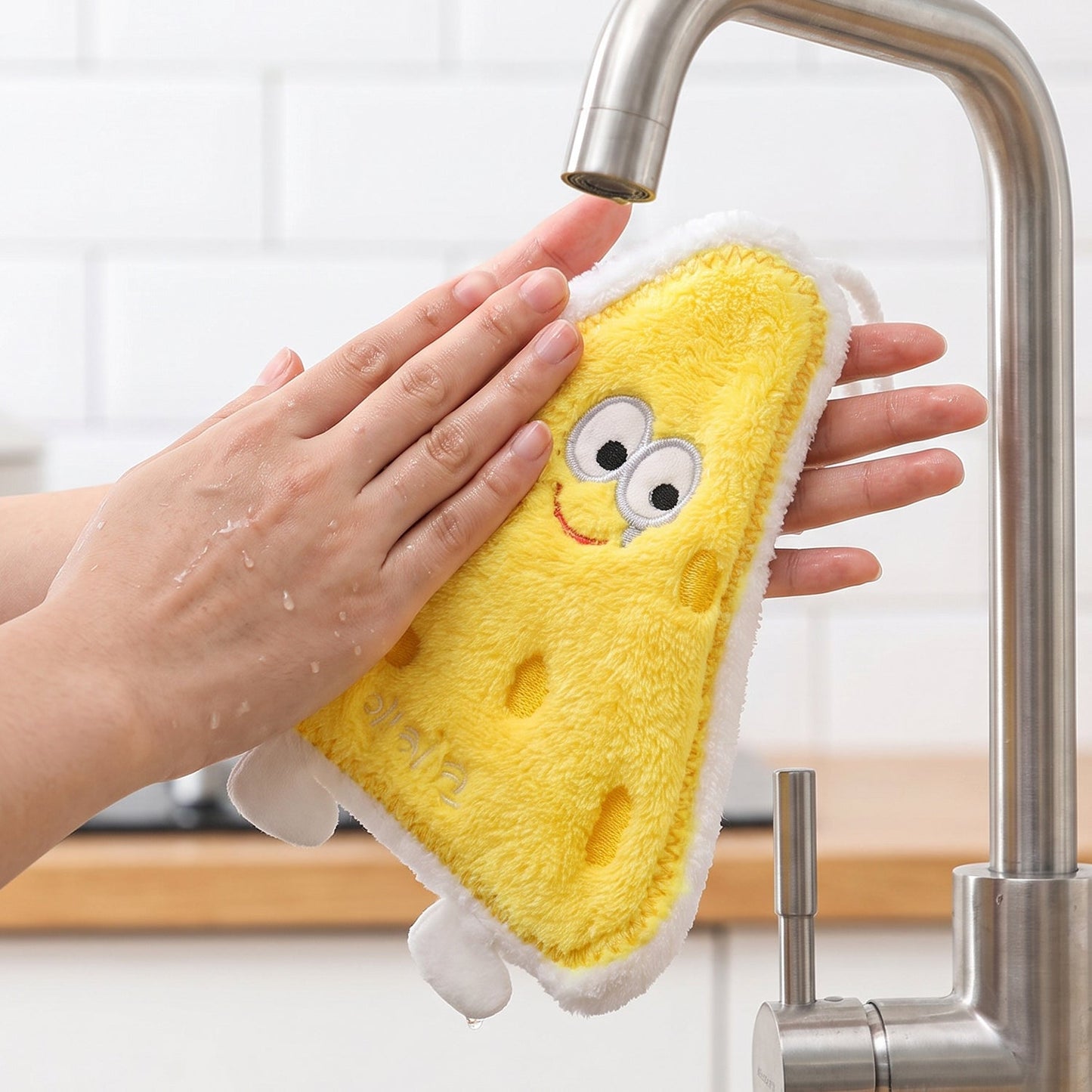 Microfiber towel used to dry hands in the kitchen