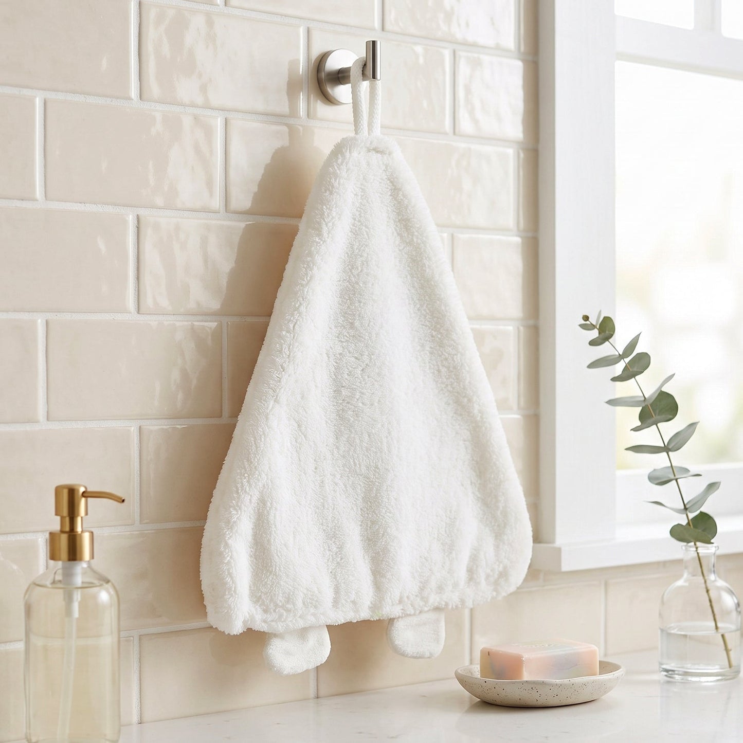 Hand towel hanging from a kitchen cabinet handle