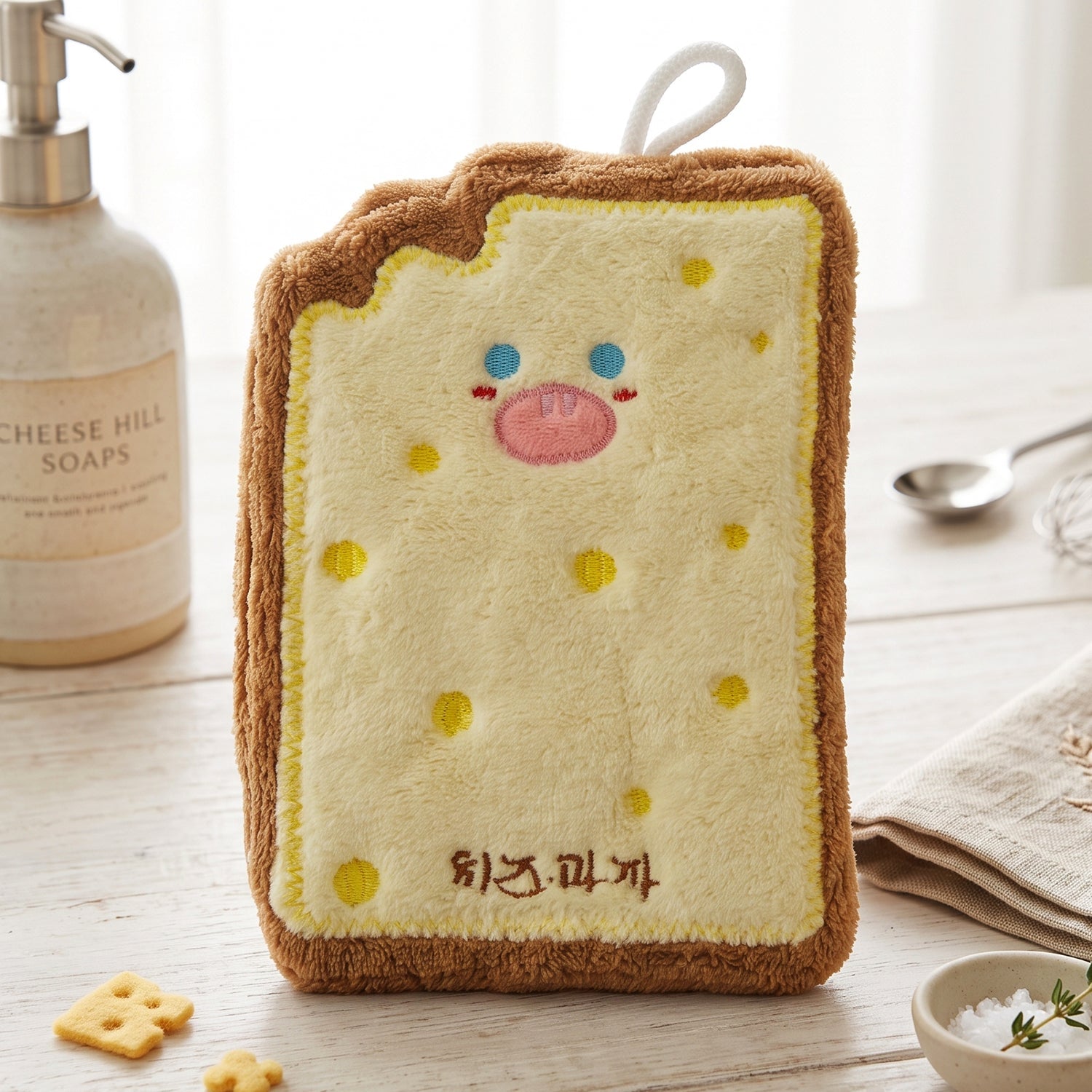 Button loop on the cheese toast hand towel