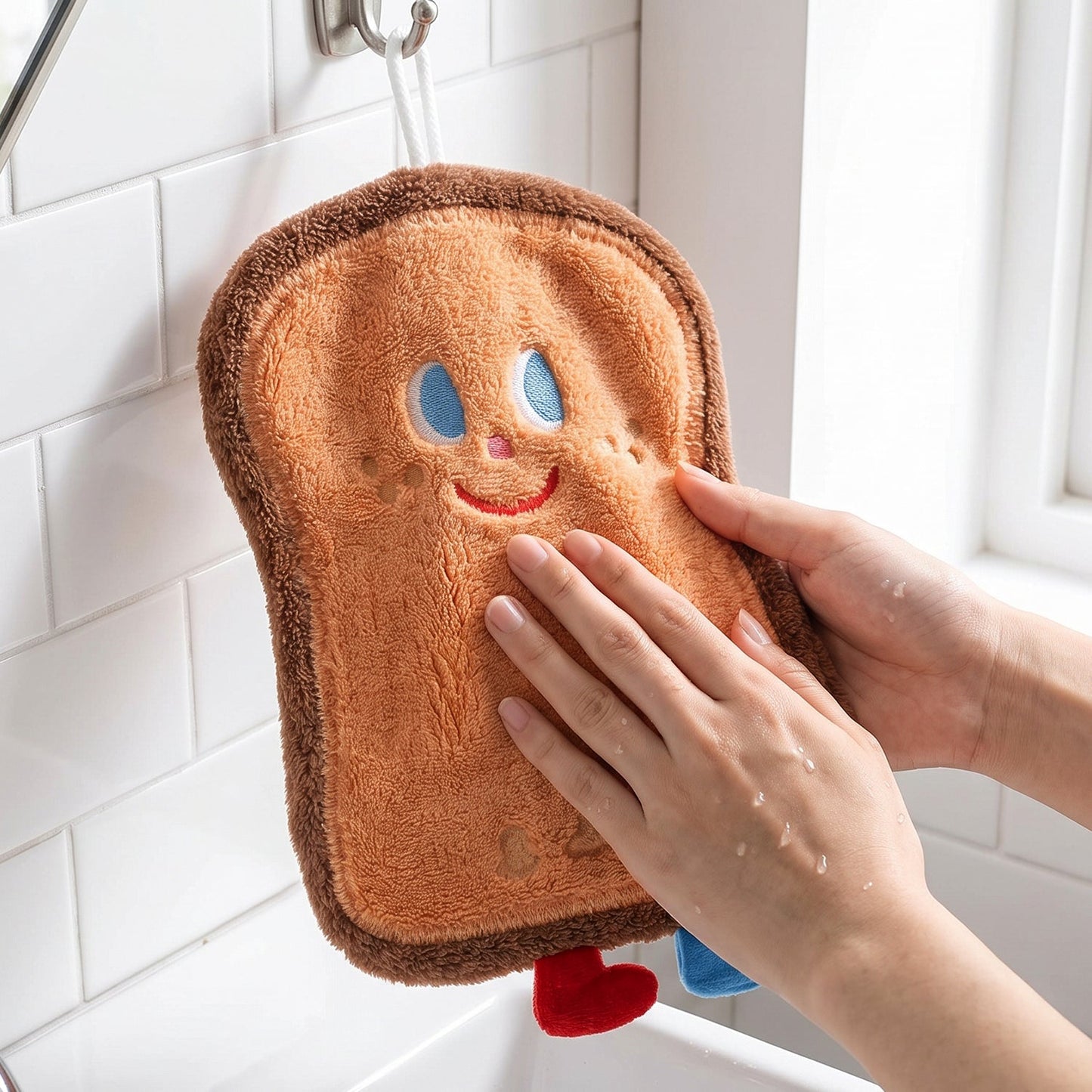 Button loop on the bread slice hand towel