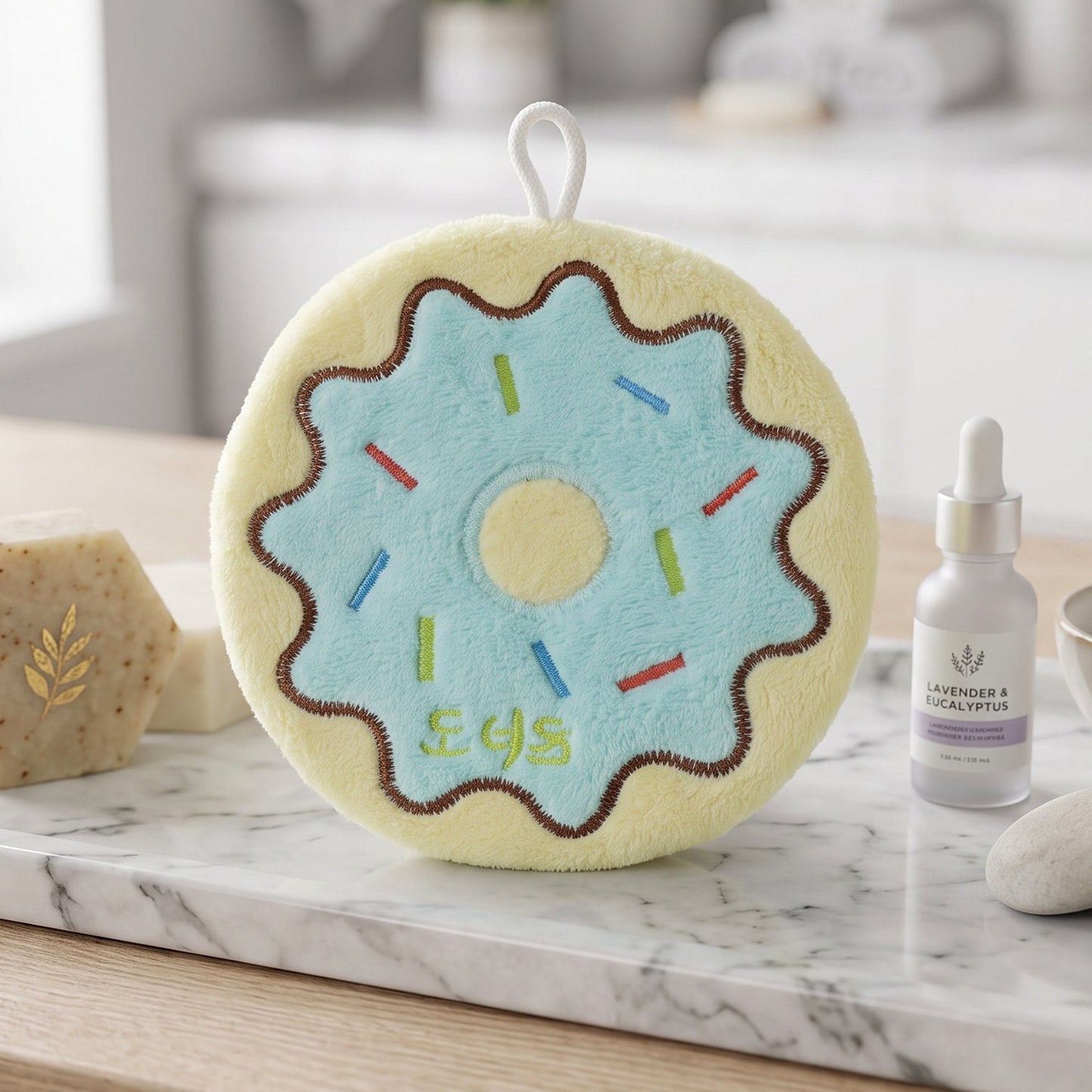 Button loop on the donut hand towel
