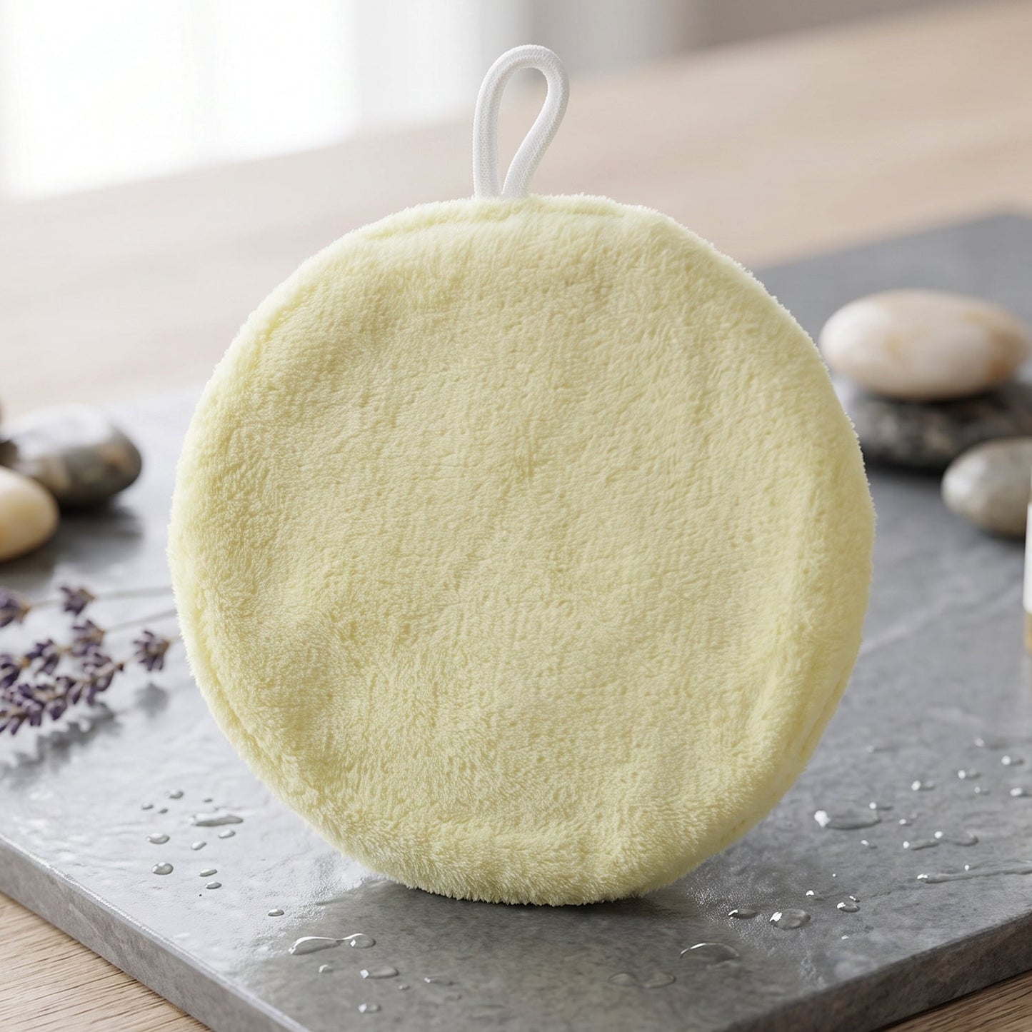 Donut towel hanging from a kitchen cabinet handle