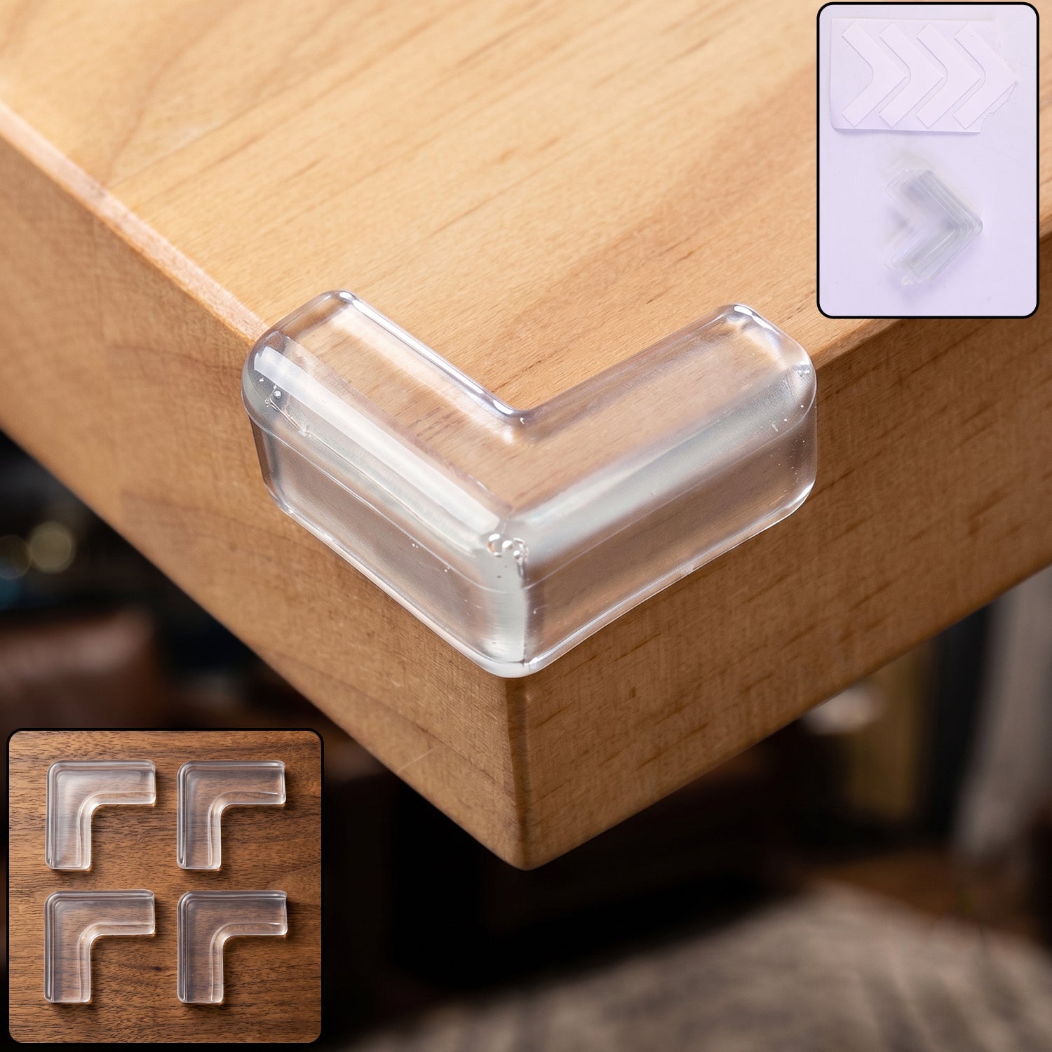 A clear silicone corner protector is shown on a light brown wooden table corner, with a small inset showing two more