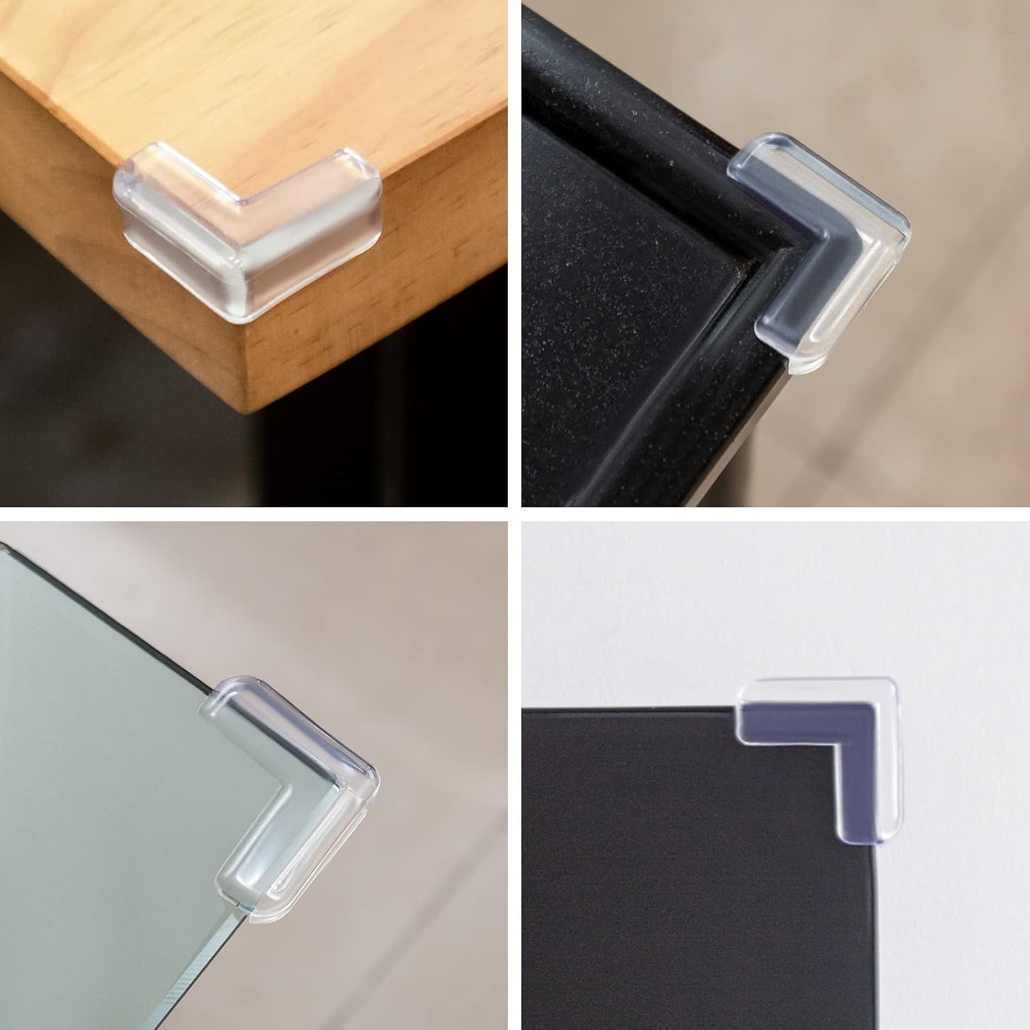 Four separate panels show the clear silicone corner protectors applied to different furniture types: wood, metal, glass, and