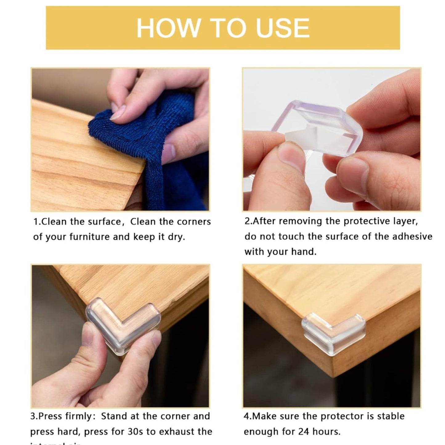 A four-panel instructional graphic demonstrates how to clean a surface, apply adhesive, press the protector, and allow it to
