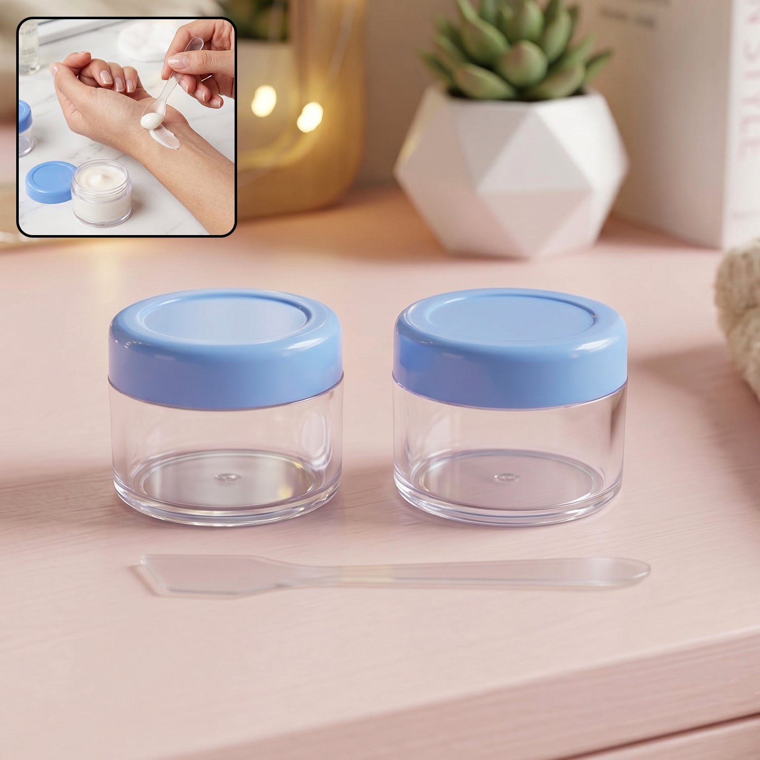 Empty plastic cosmetic cream jar set with spatula and blue lid