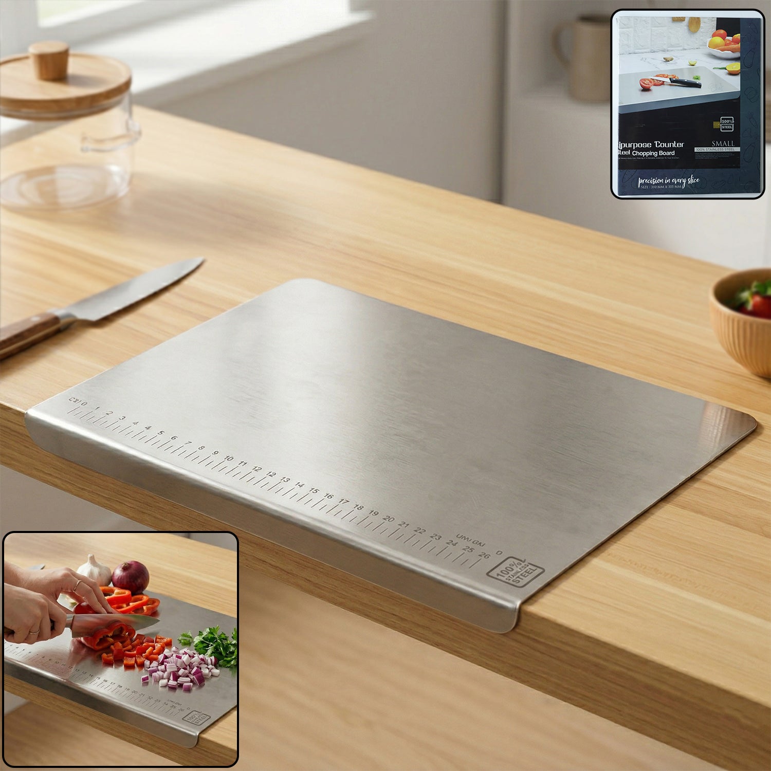 Heavy-duty stainless steel chopping board on kitchen countertop