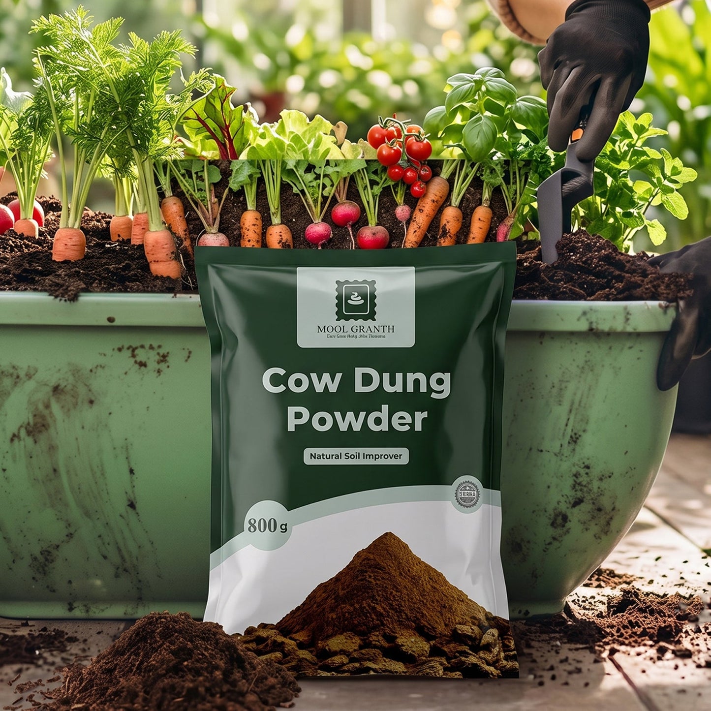 A dark green bag of "Cow Dung Powder" stands in front of green planters filled with carrots, radishes, and tomatoes.