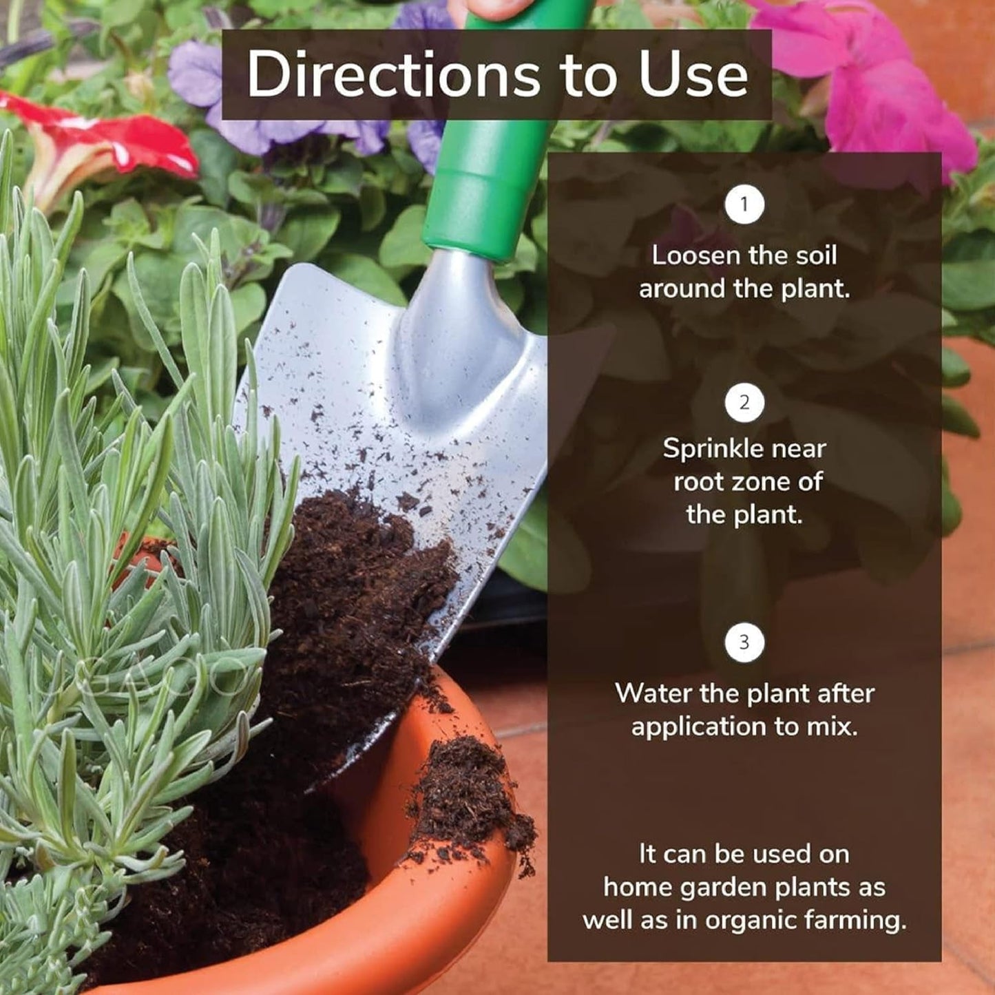 A hand uses a silver trowel to add dark soil to a terracotta pot with a green plant, next to a text overlay of directions.