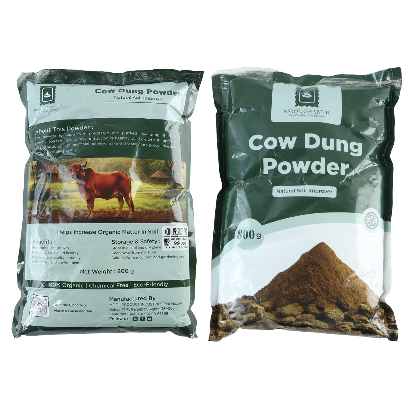 Two dark green bags of "Cow Dung Powder" are shown side-by-side, one displaying the front and the other the back with