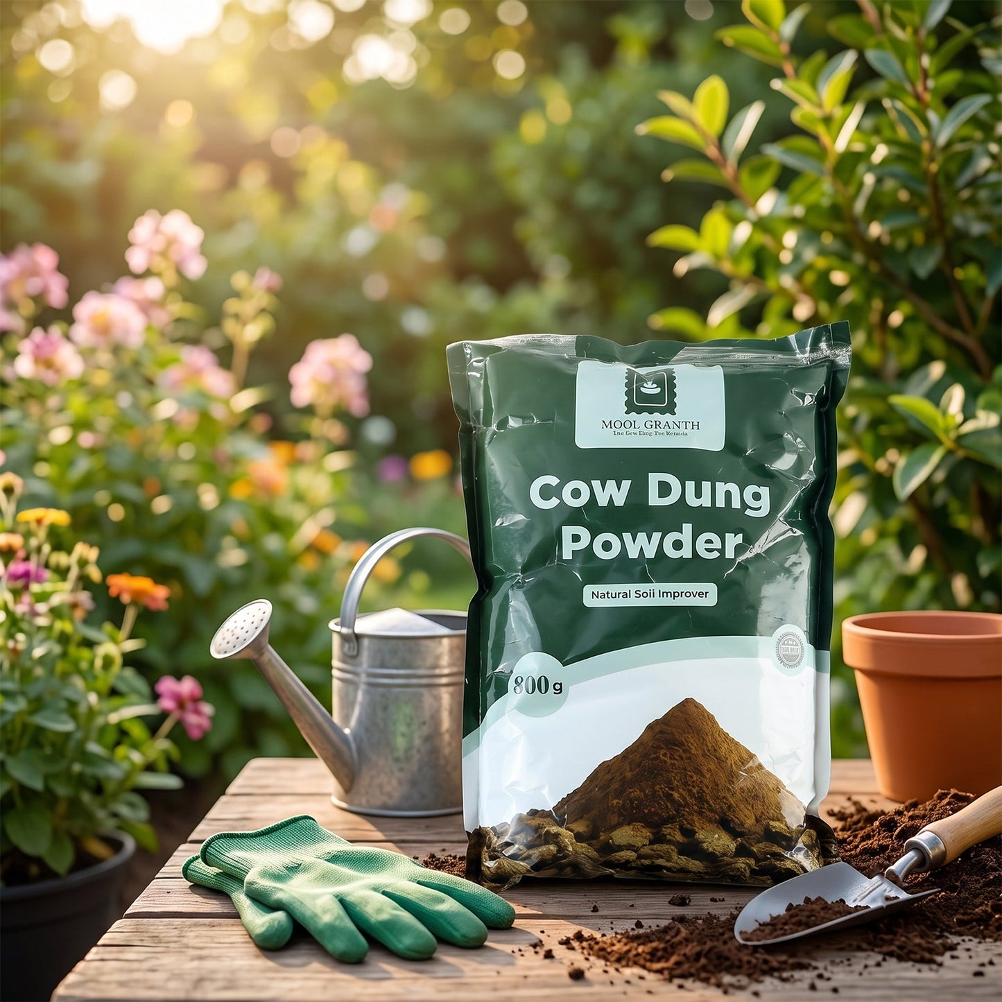 A dark green bag of "Cow Dung Powder" sits on a wooden table with gardening gloves, a trowel, a watering can, and a