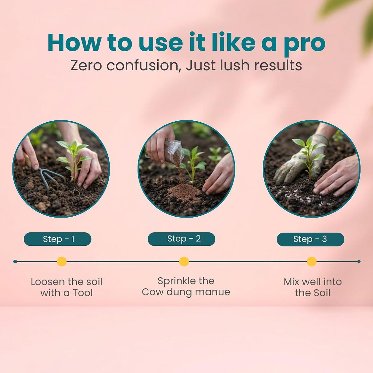 Three circular insets show hands loosening soil, sprinkling cow dung, and mixing it into the soil around a small plant.