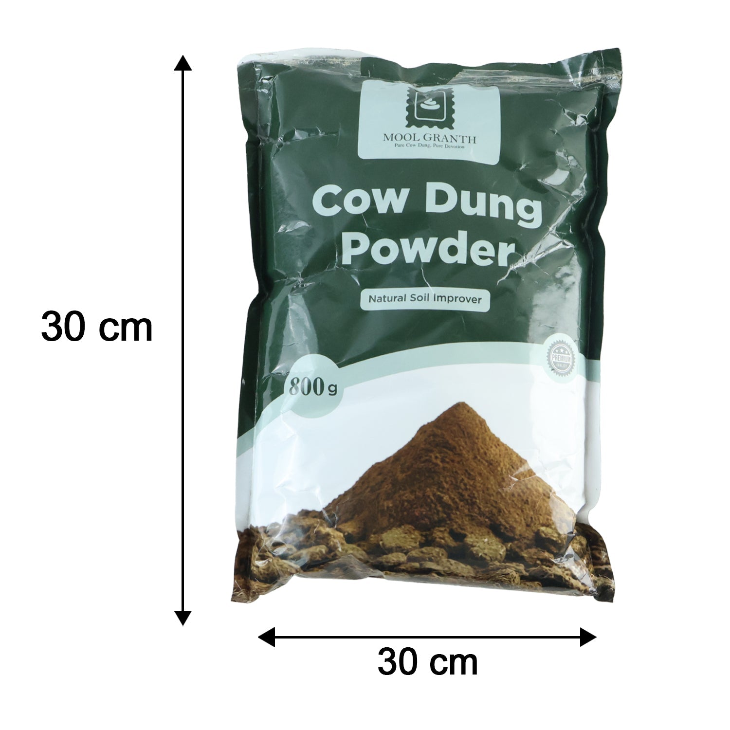 A dark green bag of "Cow Dung Powder" is shown with black arrows and text indicating its dimensions are 30 cm by 30 cm.