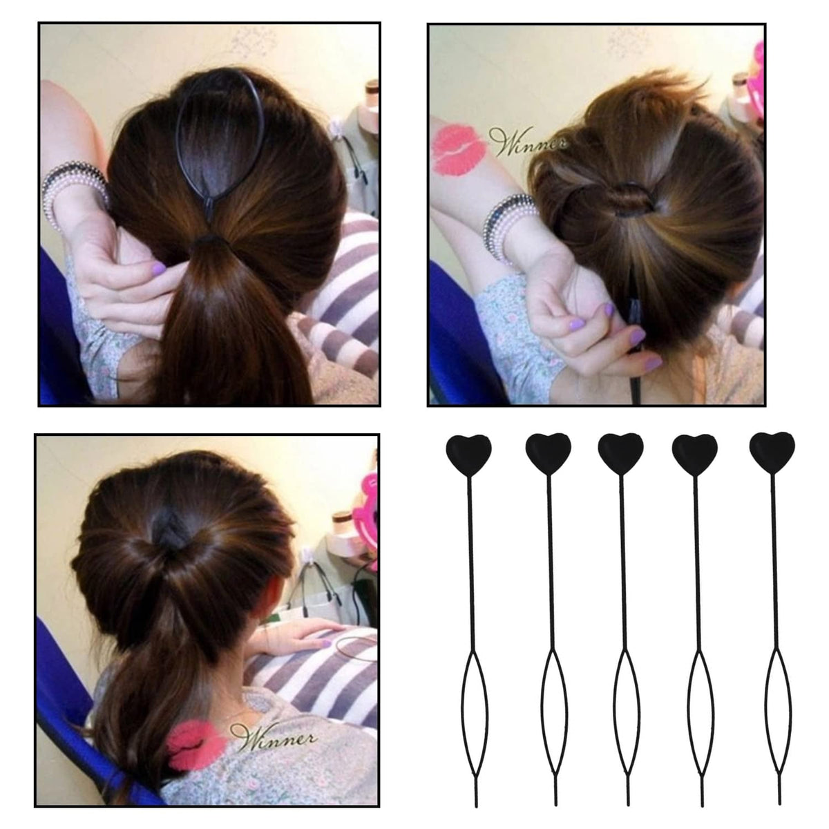 Four images showing the hair styling tool being used to create a bun, and four tools below.