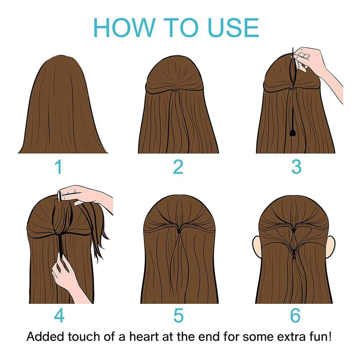 Six illustrated steps demonstrating how to use the hair styling tool to create a heart-shaped hairstyle.